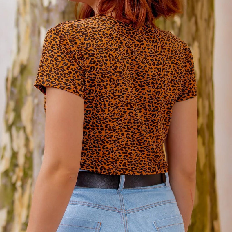 Blusa T-Shirt Cropped - Oncinha Animal Print - Viscolycra - VistaShopExpress