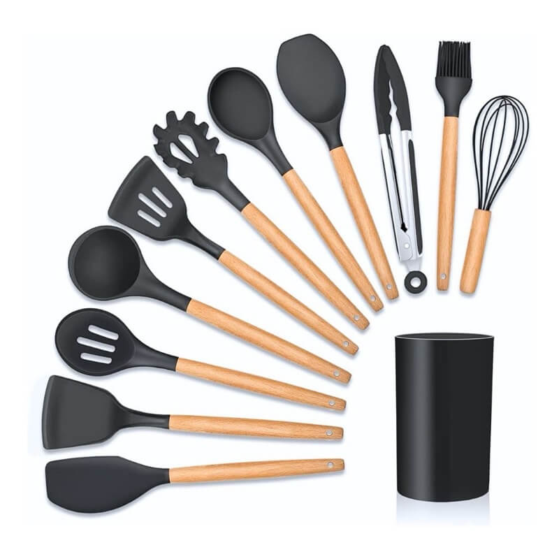 Kit Completo de Cozinha em Silicone e Madeira - 12 Peças