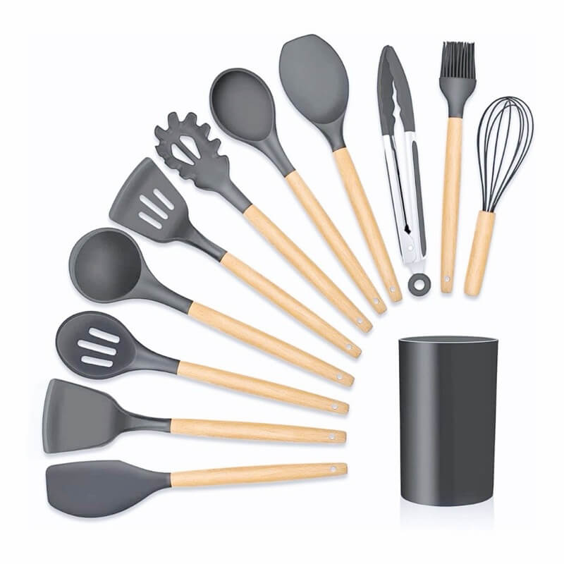 Kit Completo de Cozinha em Silicone e Madeira - 12 Peças