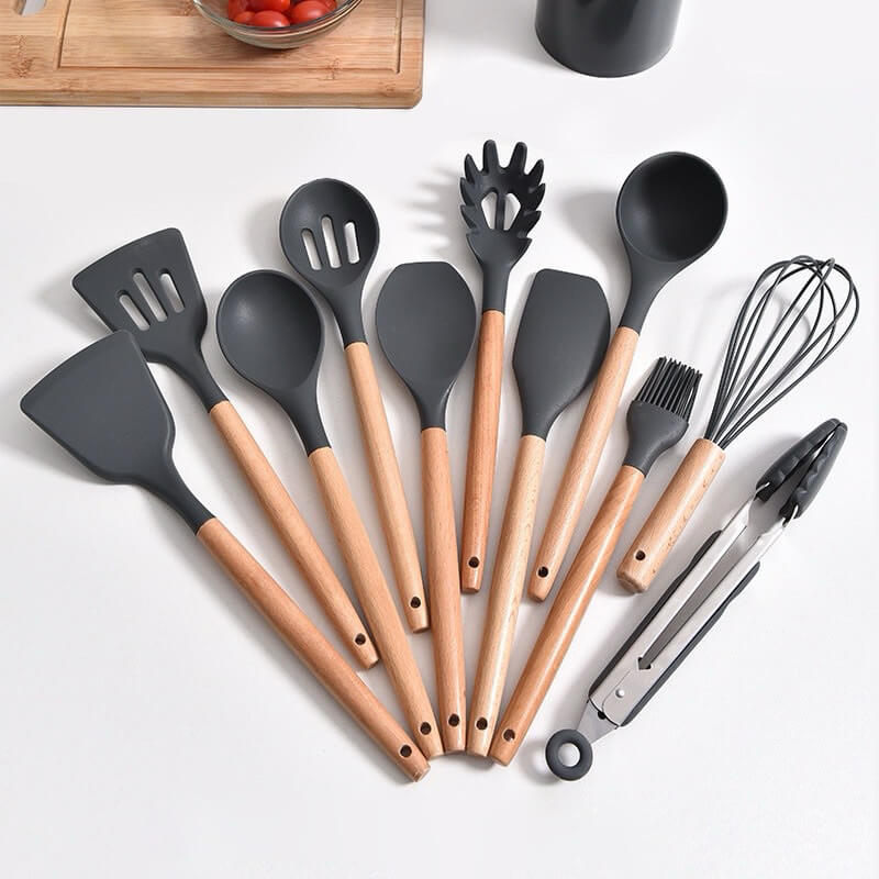 Kit Completo de Cozinha em Silicone e Madeira - 12 Peças