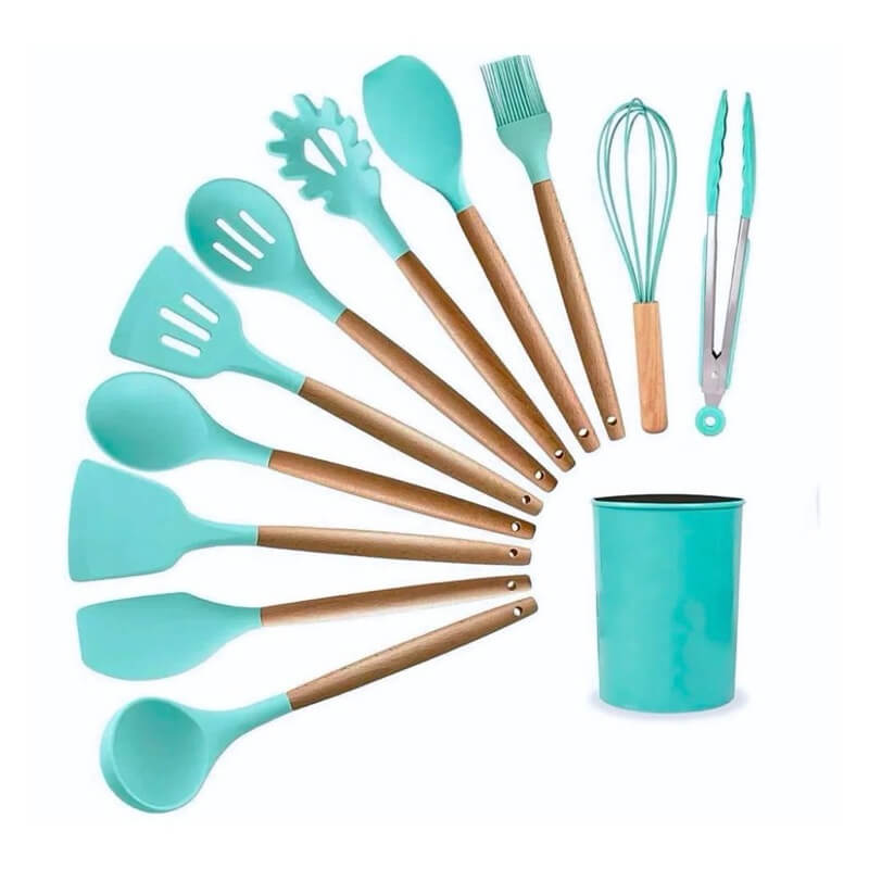 Kit Completo de Cozinha em Silicone e Madeira - 12 Peças