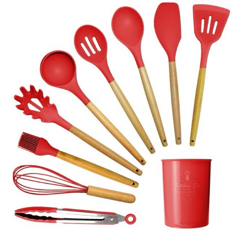 Kit Completo de Cozinha em Silicone e Madeira - 12 Peças