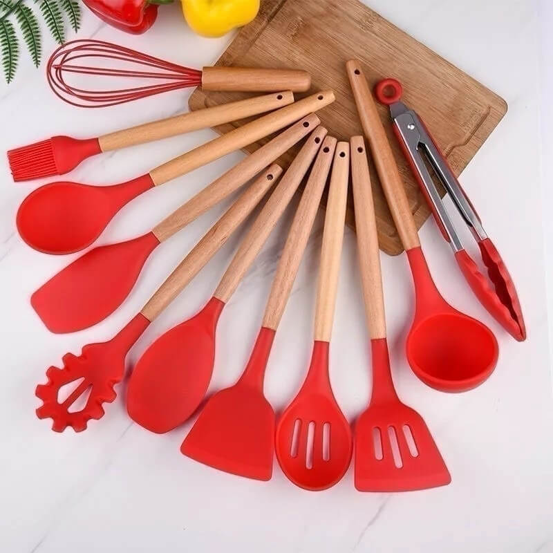 Kit Completo de Cozinha em Silicone e Madeira - 12 Peças