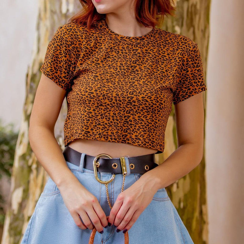 Blusa T-Shirt Cropped - Oncinha Animal Print - Viscolycra - VistaShopExpress